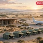 Airport terminal exterior at sunrise with a passenger airplane parked on the tarmac