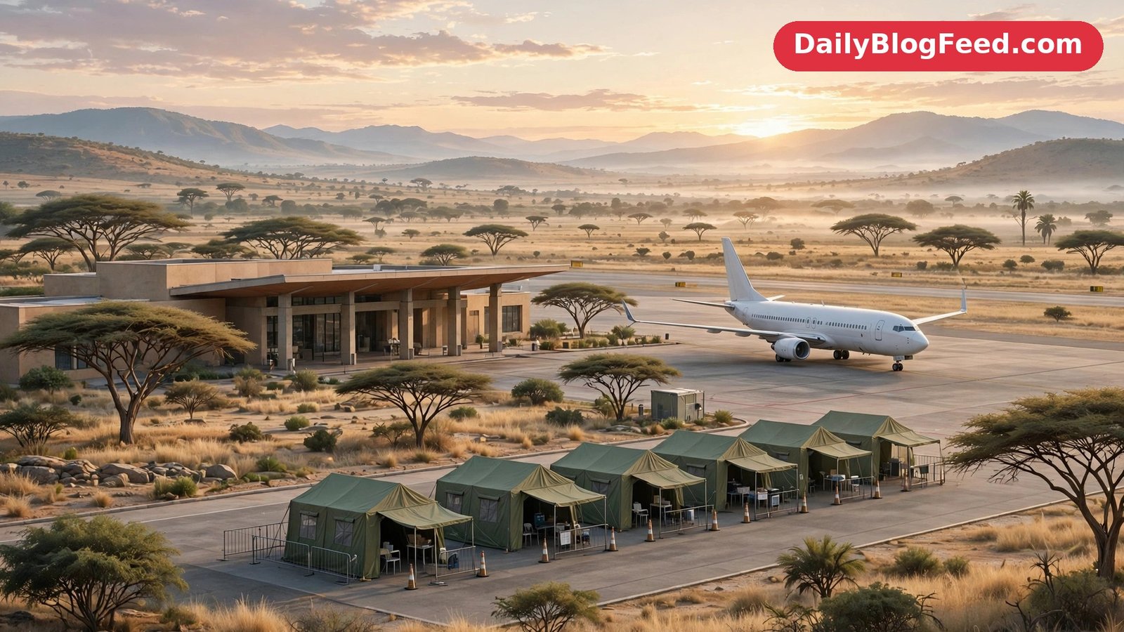 Airport terminal exterior at sunrise with a passenger airplane parked on the tarmac