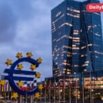 European Central Bank headquarters tower in Frankfurt at dusk