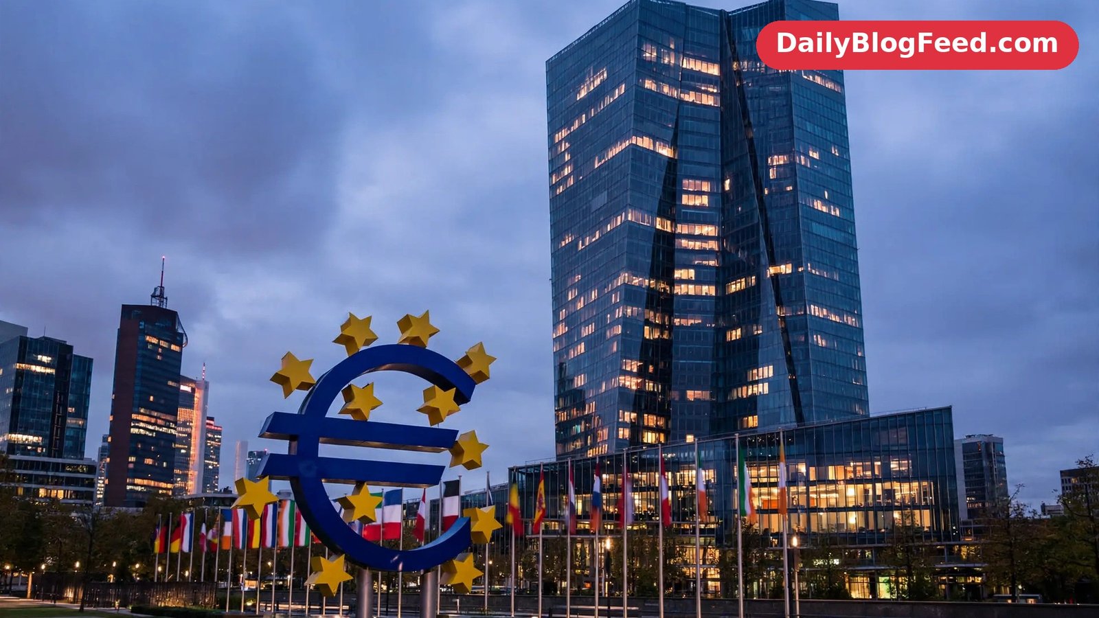 European Central Bank headquarters tower in Frankfurt at dusk