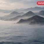 Korean peninsula coastline at dawn seen from the sea
