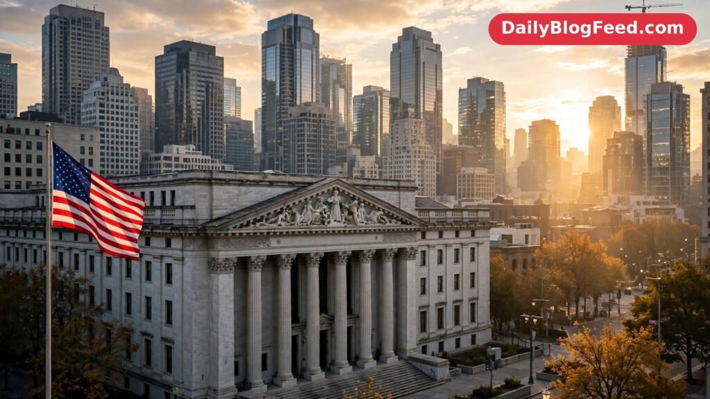 United States city skyline with office towers and an American flag