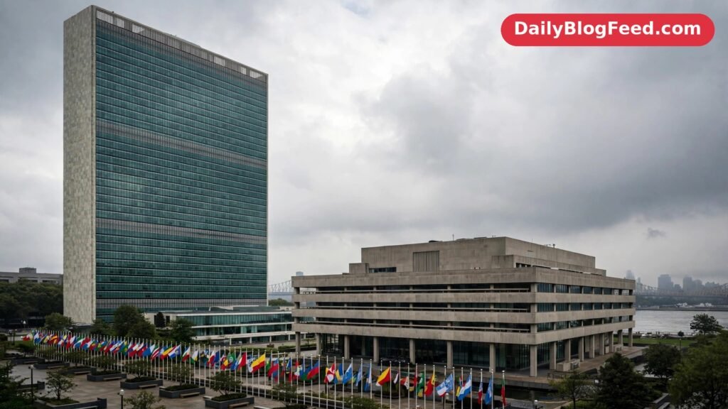 Branded generated illustration of United Nations headquarters