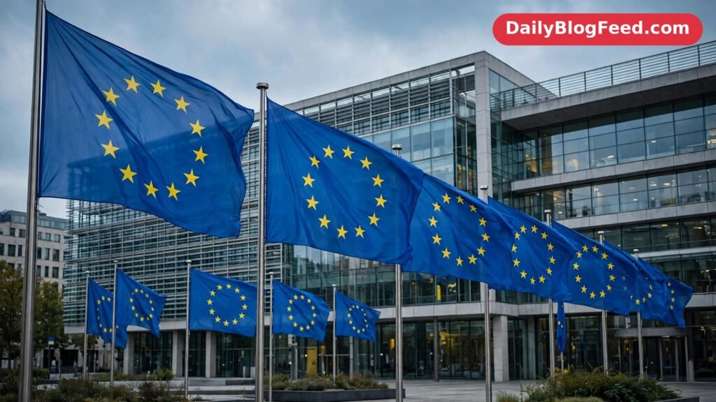 Branded generated illustration of European Union flags